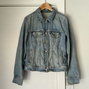J. Crew distressed light denim / jean jacket, size L.